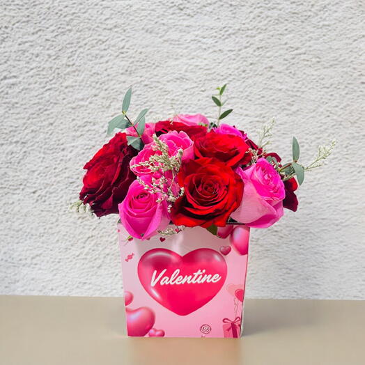 Valentine Special Vase with 6 Red Roses, 6 Pink Roses, and 2 Limonium Stems