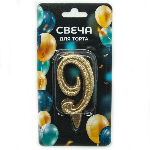 Свеча Цифра, 9 Грация, Золото, с блестками, 7 см, 1 шт. (2034)
