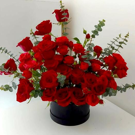 Secret Box – Red Roses, Baby Roses, and Eucalyptus Arrangement