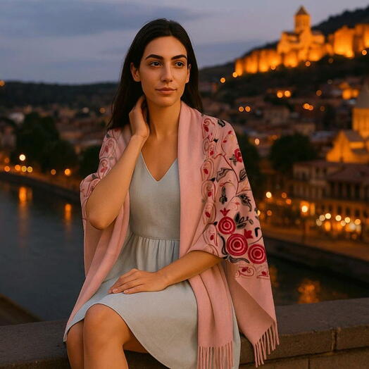 Кашемировый палантин сувенир розовый вышивка «Гранаты». Cashmere shawl souvenir pink Georgian embroidery pomegranate