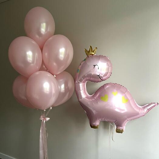 Stylish balloons for girls with a pink dinosaur with a crown