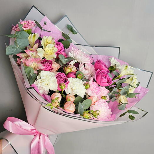 💕 Малиновый рай 💕 - пионовидные розы Мисти Баблс, Бомбастик, хризантемы, альстромерии, диантусы