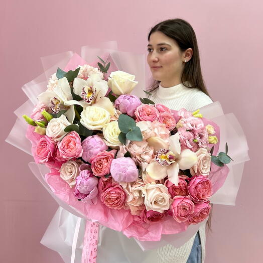🩷🌸 Нежный букет с пионами, пионовидными розами, гортензиями и цимбидиумом