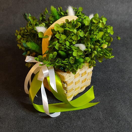 Корзинка с гортензией стабилизированной, лагурусом и статицей 💚