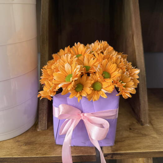 Sunny Orange Chrysanthemums in Purple Box
