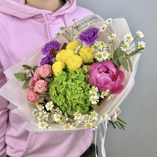 💚💛🩷Дофаминовый букет: пион, гортензия, ромашка