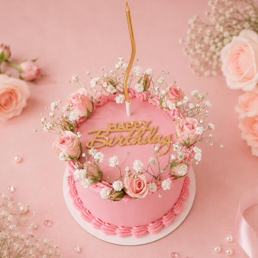 Торт 1 кг  ламбет розовые с топпером HAPPY Birthday  и цветами