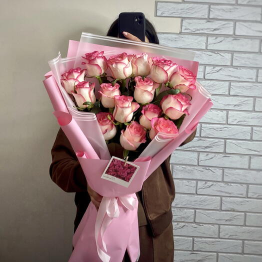 Букет бело - розовые  розы «Джумилия»  15 шт🌸