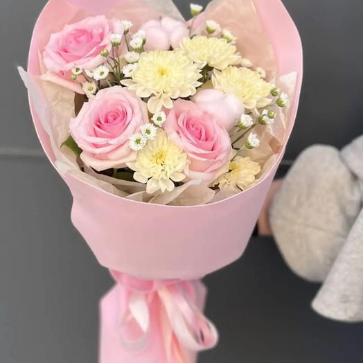 Букет с Нежными Розами  и Стойкими хризантемами💗🌸