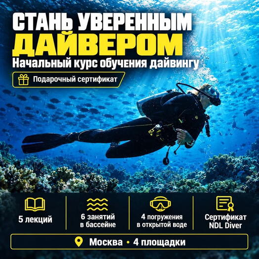 Подарочный сертификат «Начальный курс обучения дайвингу» (1 курс, 1 человек в составе группы)