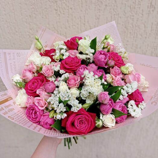 98) букет розовый ( розы, кустовые розы, эустома)