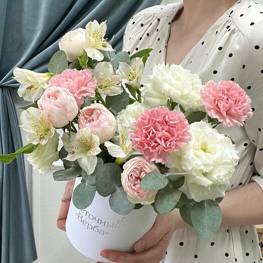 Composition with peony-shaped roses and eustoma "For the most delicate"