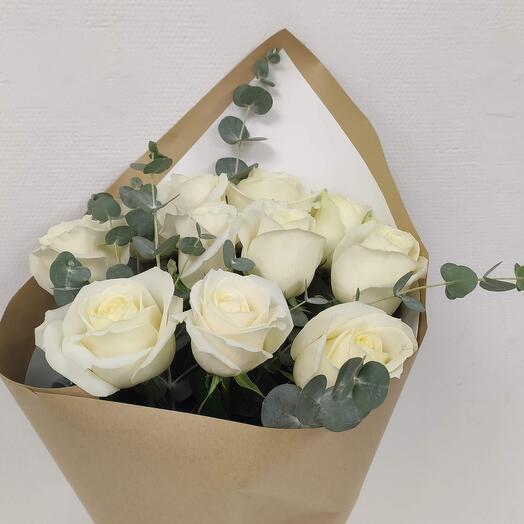 9 white roses with eucalyptus