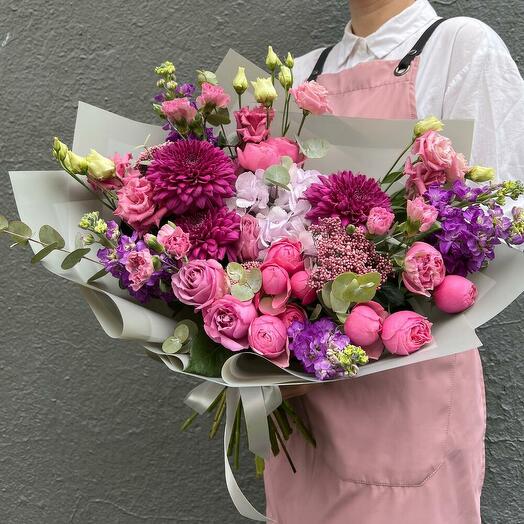 Author's bouquet of purple Hydrangea, Silva Pink Roses and Chrysanthemums