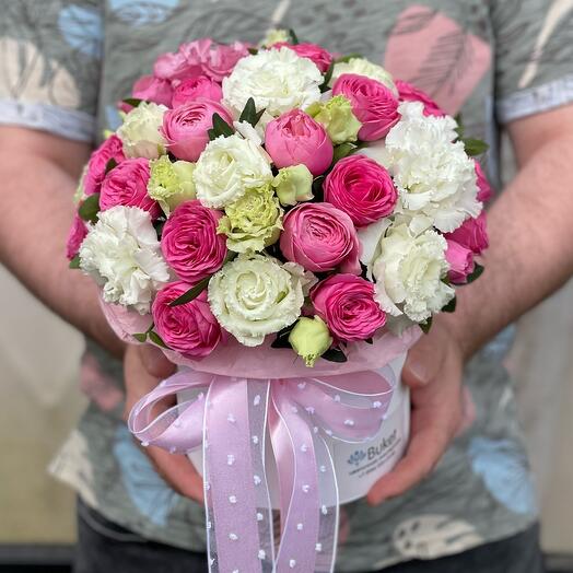 Box with peony bush rose and eustoma "Happiness"