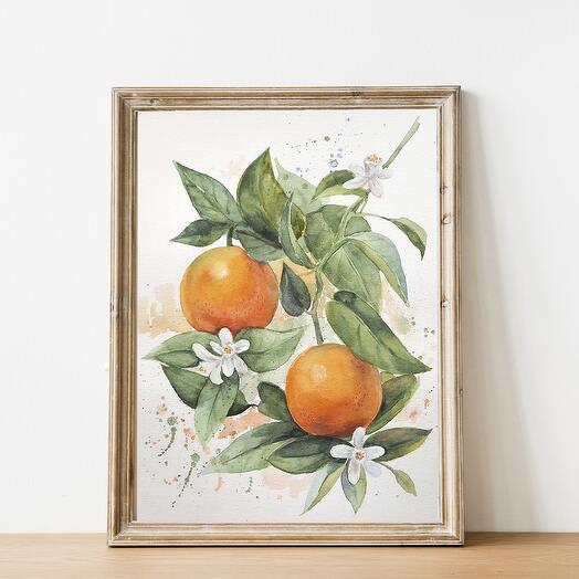 Mandarinas en una rama, acuarela en un marco, 20x30 cm