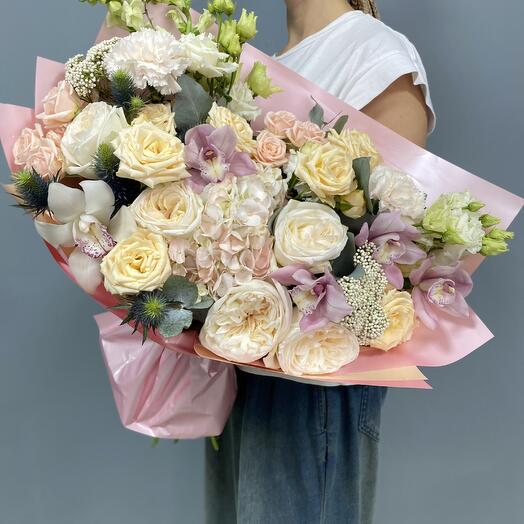 A large author's bouquet of fragrant roses, orchids, hydrangeas
