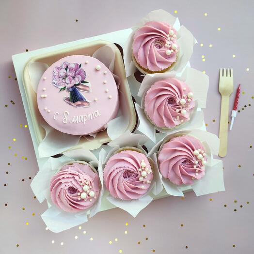 ХИТ! Большой набор клубничных десертов для девушки/женщины (бенто-тортик+капкейки)