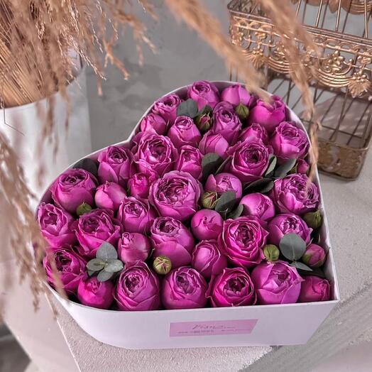 Rosas fragantes en forma de peonía en una Caja de corazón