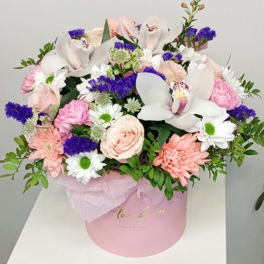 Цветы в коробке статица и орхидея