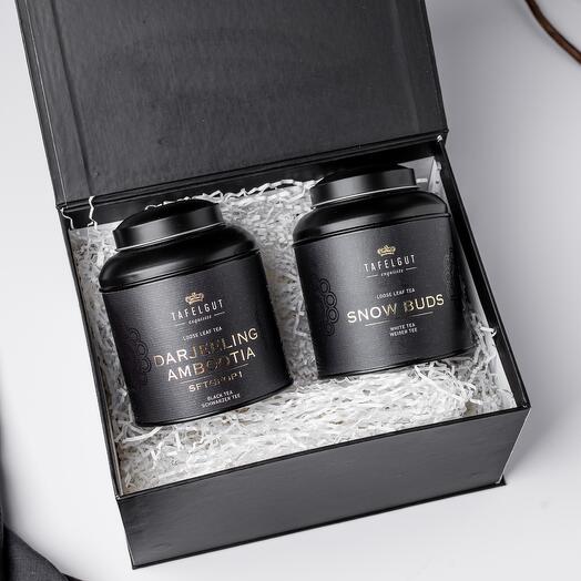 Подарочный набор из чёрного чая "Darjeeling ambootia" и белого чая "Snow buds" в чёрной матовой коробке