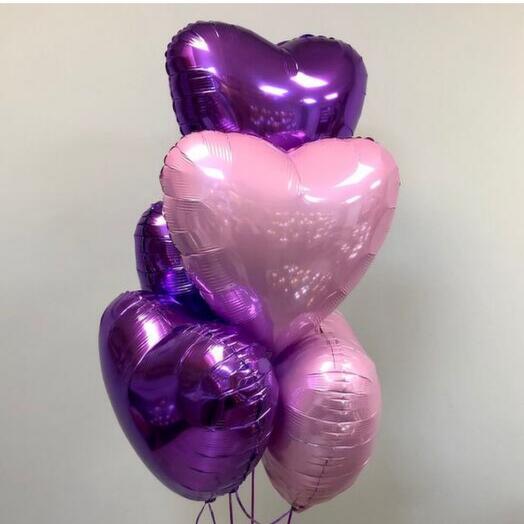 Воздушные шары с гелием "Сердца розовые и сиреневые" 5 шт