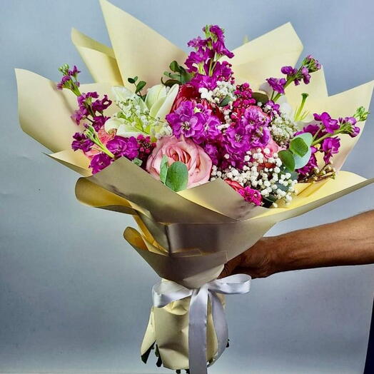 Reem Bloom - Matthiola, Pink Roses   Kala Lily Bouquet