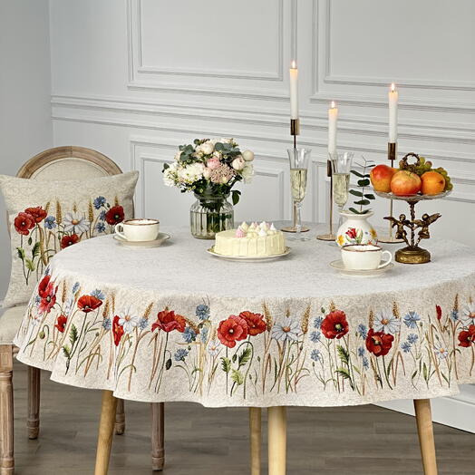 Mantel de Gobelino/Jacquard, Redondo 165 cm, Amapolas