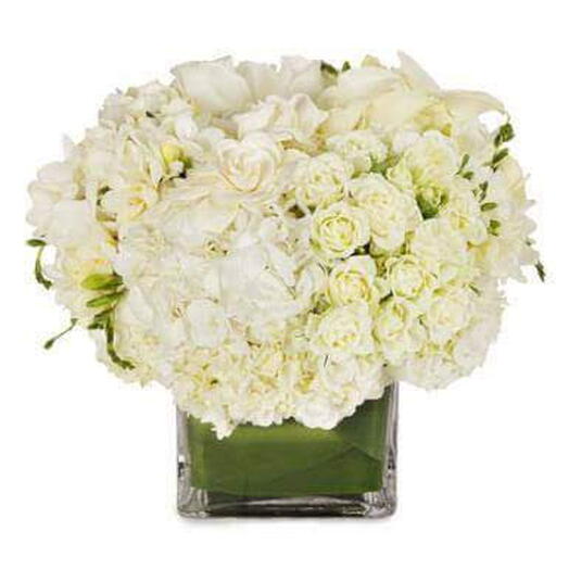 Forever Grace: 3 White Hydrangeas   5 White Baby Roses in a Square Vase