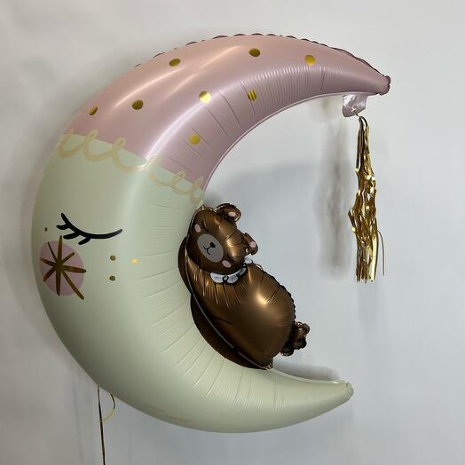Фольгированный воздушный гелиевый шар фигурный месяц с мишкой