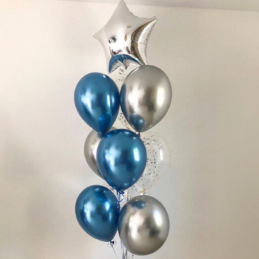 Фонтан воздушных Шаров гелий 10 шт. серебро синий хром звезда. Set of helium balloons 10 pcs silver blue chrom star