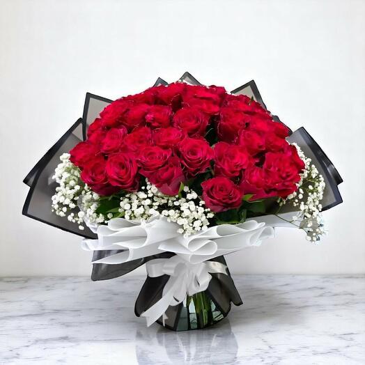 "Crimson Grace" Red Rose   Gypsophila Hand Bouquet – 31 Blooms