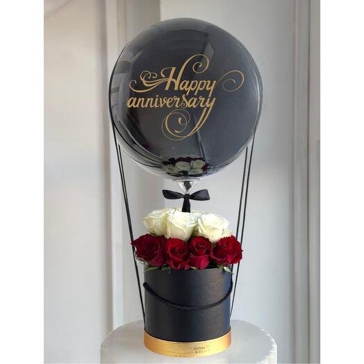 Anniversary Flowers - Elegant Black Balloon   Rose Anniversary Basket – Customizable Gift Box - Custom Printed Balloon