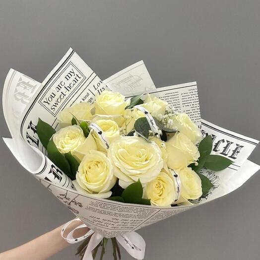 Bouquet of white roses with eucalyptus and gypsophila