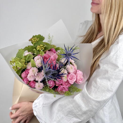 Spray Roses, Pink Chrysanthemums, Roses, and Viburnum Bouquet