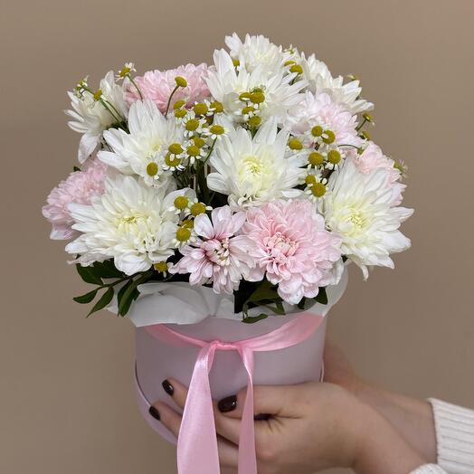 Коробка с хризантемой и ромашкой