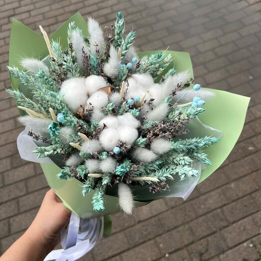 Букет из сухоцветов хлопка, пшеницы, лагуруса и лаванды