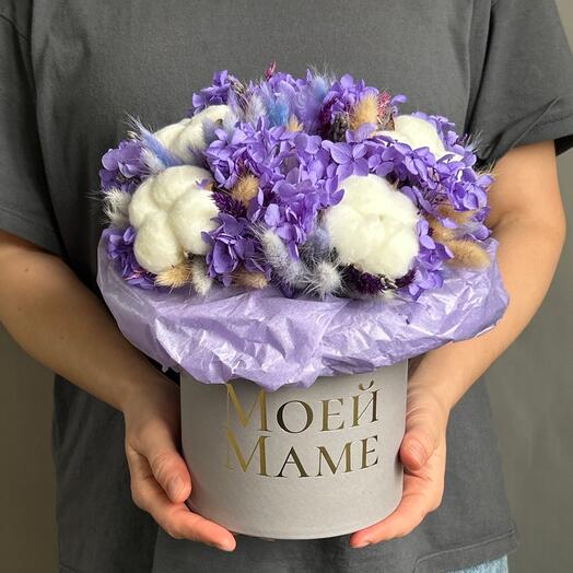 Коробочка сухоцветов, гортензии и хлопка В День матери