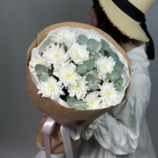 Mono bouquet of white Baltika chrysanthemums with eucalyptus