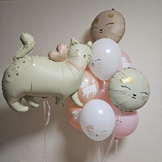 Набор шаров с фигурой кошка,кошечка,котенок с бантом -11шаров