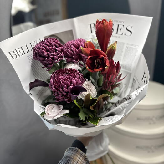 Букет «Barcelona» Бигуди, каллы,амариллис,ранункулюсы