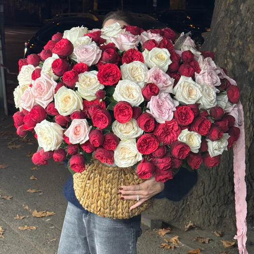 Peony roses in a basket