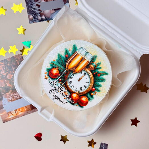 Новогодний бенто торт с вафельной картинкой часы