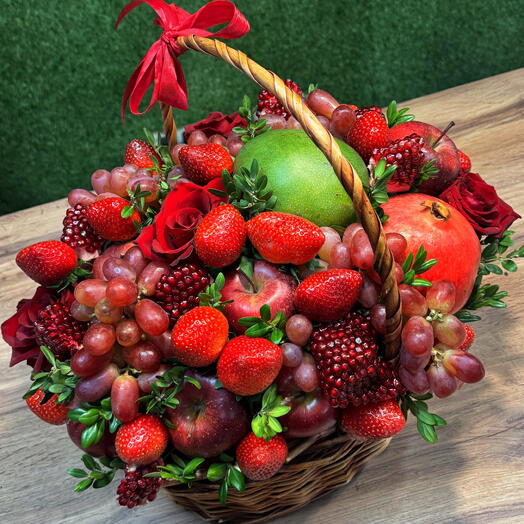 Fruit basket with red roses