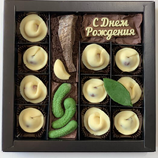 Подарок шоколадные пельмени/хлеб/шпроты/огурцы