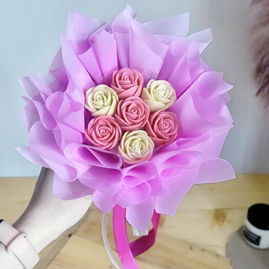 A small bouquet of 7 chocolate roses on March 8th