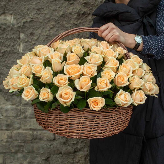 101 cream roses in a basket