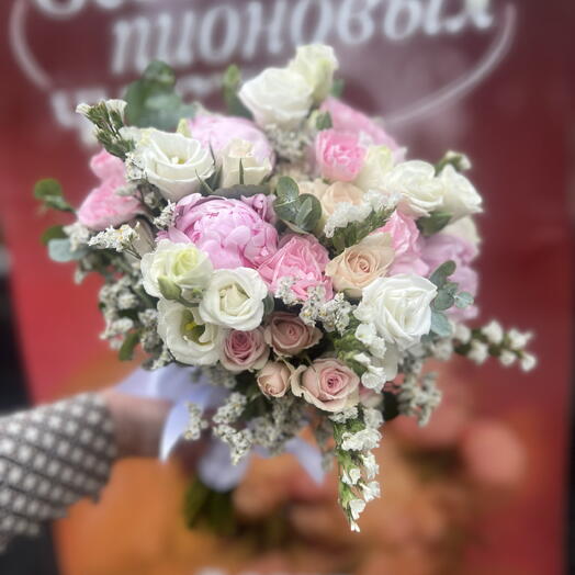 Свадебный букет с пионами + бутоньерка💕