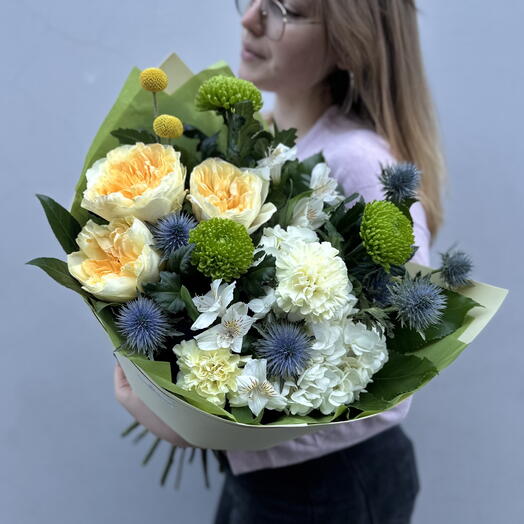 Букет «Я не забуду тебя никогда» (роза, гортензия, эрингиум, краспедия)
