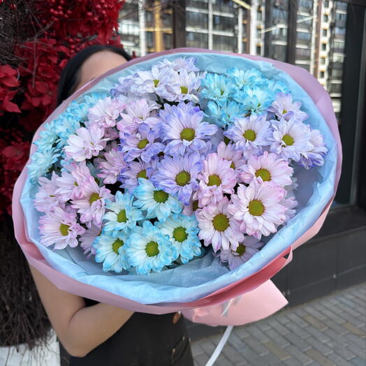 Дофаминовый букет хризантем ромашковидных из 9 шт💙💜🩷